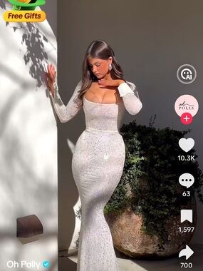 Oh Polly White Rhinestone Long Sleeve Mermaid Gown